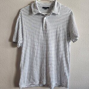 Vince Polo Shirt Mens Medium White Navy Striped 100% Linen Short Sleeve Casual